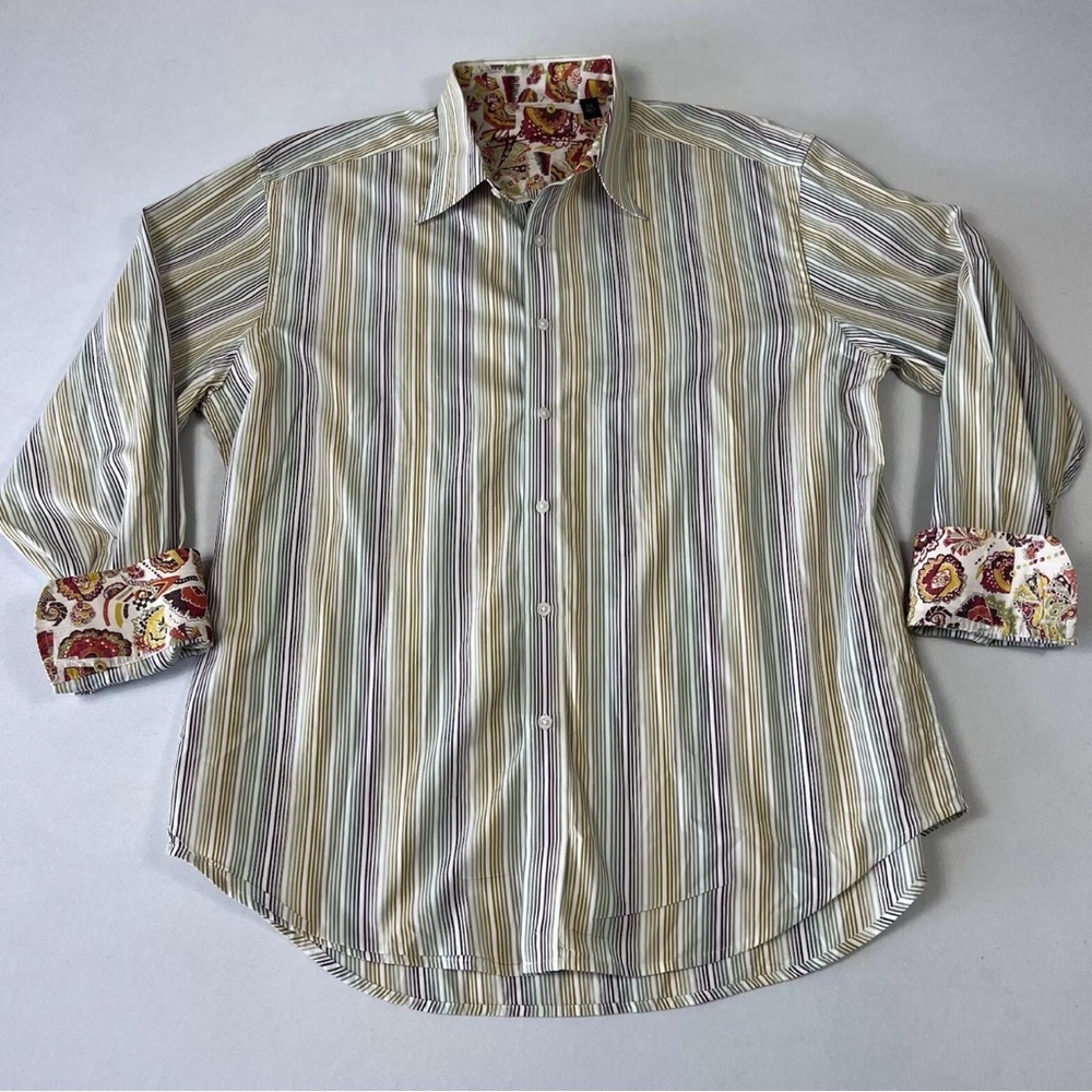Robert Graham Men's Dress Shirt Striped Button Flip Cuff Colorful Multicolor 2XL
